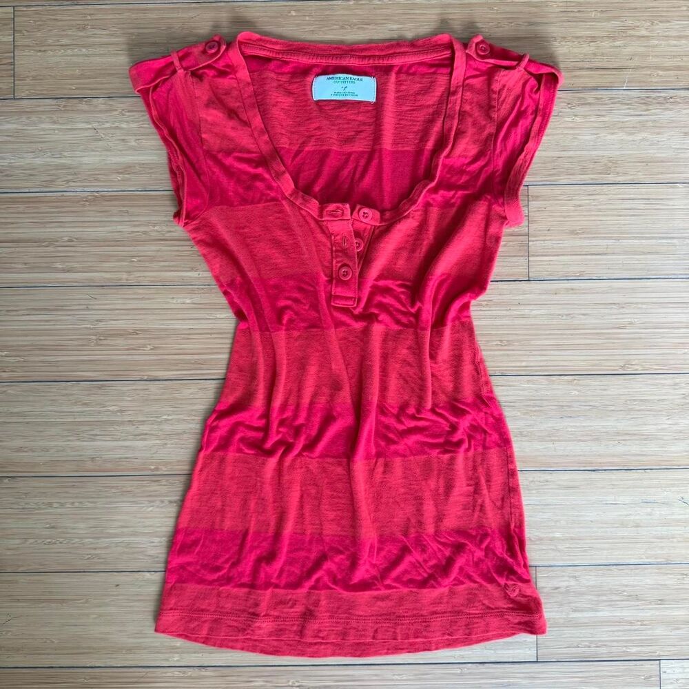 American Eagle Y2K Striped Scoop Neck Button Front Top XS/S Red Pink